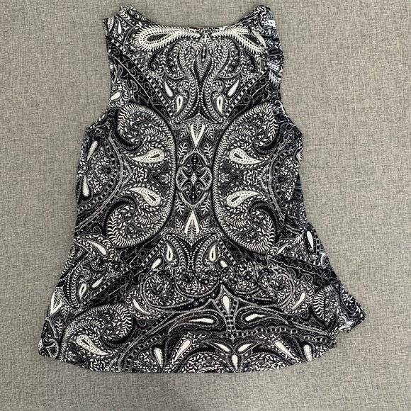 LOFT Paisley Print Blouse Black White Small Petite Elastic Cinched Waist Relaxed - Picture 9 of 11